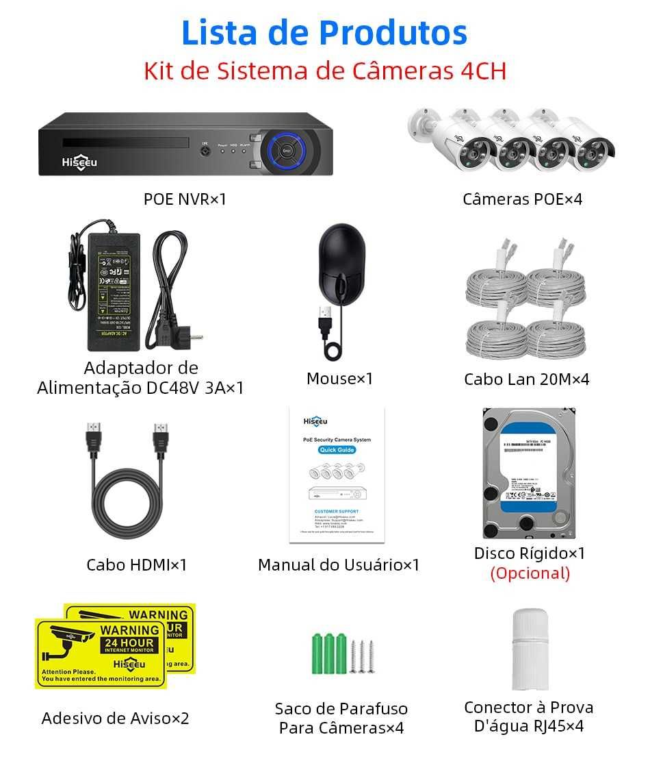 KIT Vigilância POE • 4 Câmaras 5MP NVR  • Visão Noturna • QUAD HD