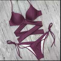 Strój kąpielowy bikini fioletowy śliwkowe wycięcia straps bandage