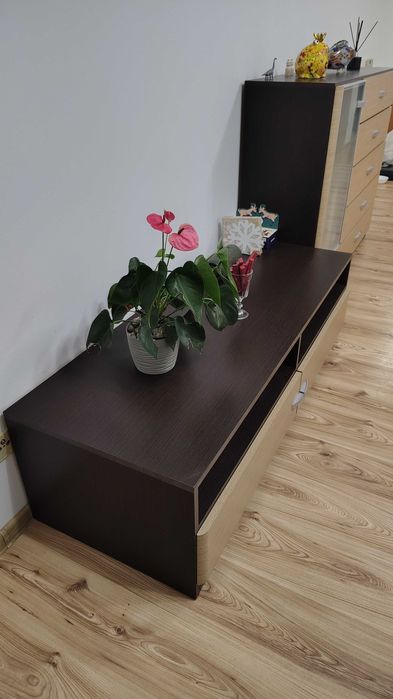 DUŻY ZESTAW MEBLI SALONOWYCH wenge/jasne drewno (Komoda, Witryna, RTV)