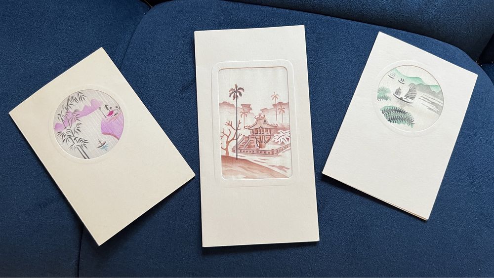 Kolekcja trzech pocztówka z Azji witraż sztuka papier