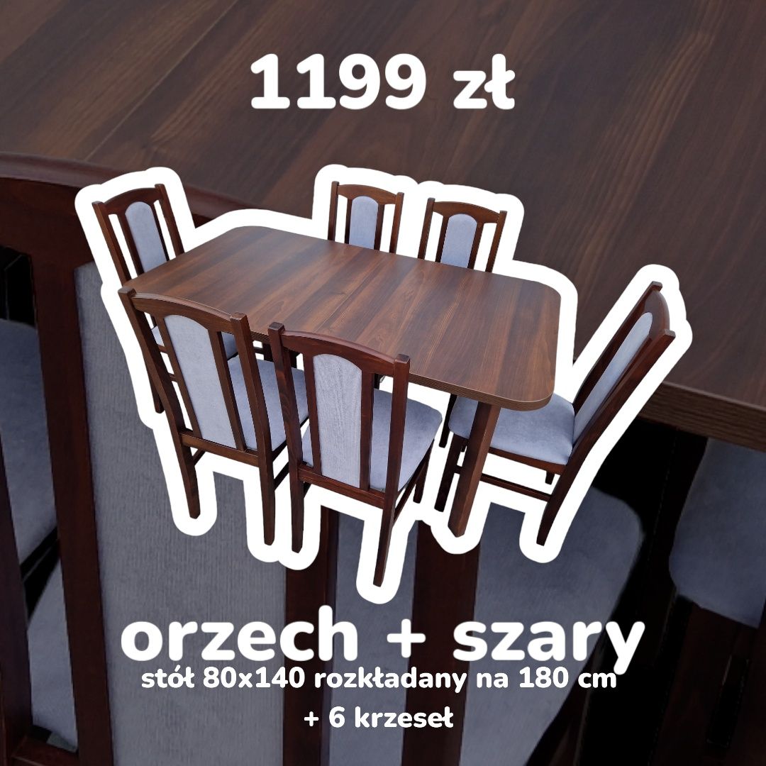 Nowe: Stół 80x140/180 + 6 krzeseł, orzech + szary , transport całaPL