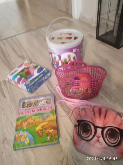 Klocki drewniane, zabawki, torebka