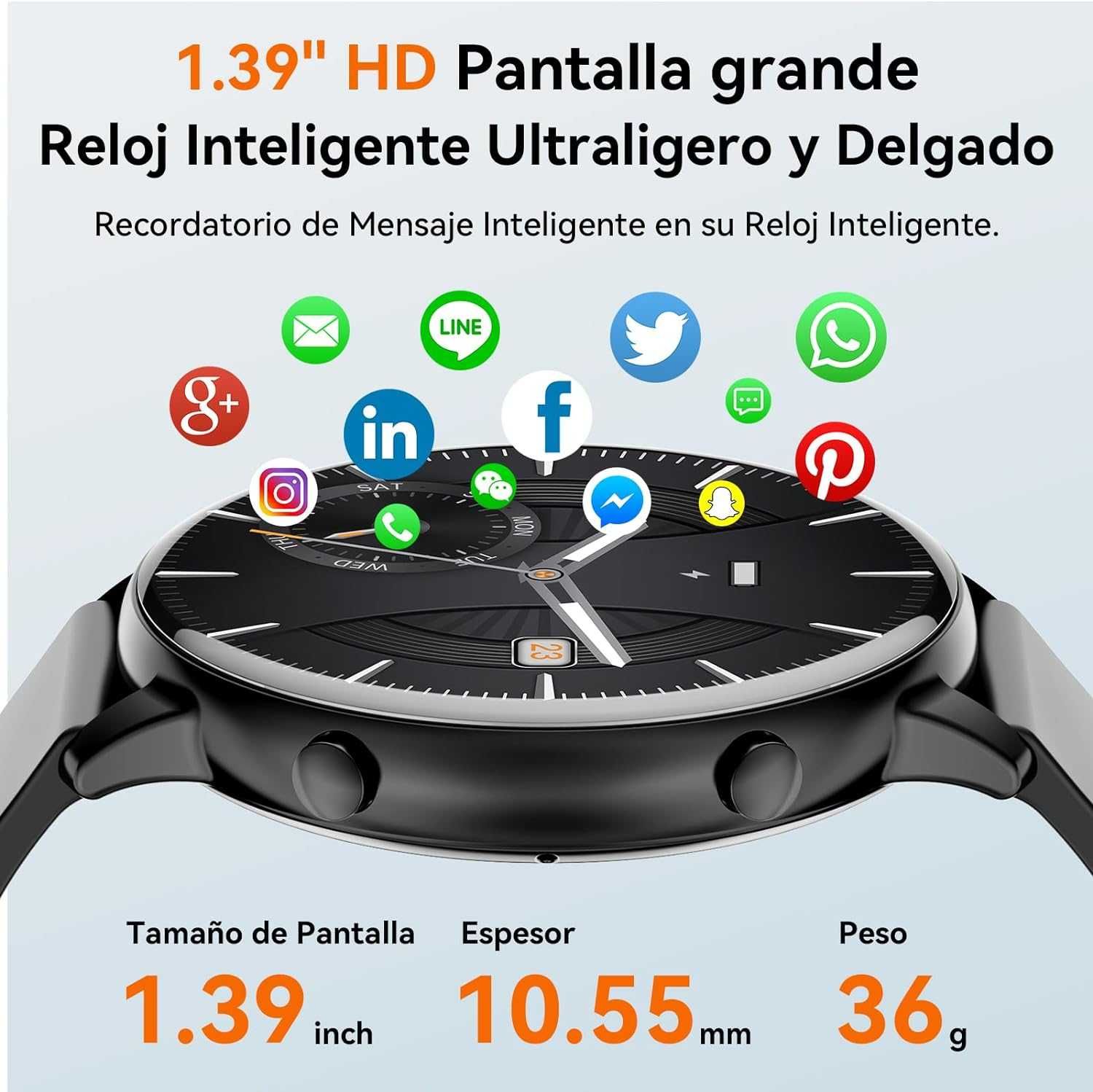 Smartwatch 1,39" IP67 impermeável, Bluetooth, batimento cardiaco, etc