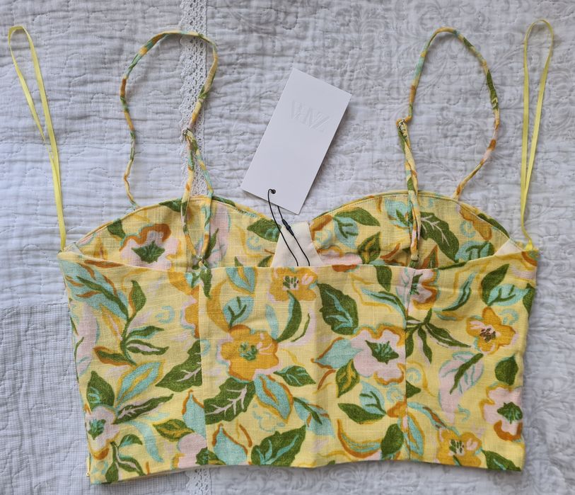 Lniany top gorsetowy Zara S na ramiączkach kwiaty