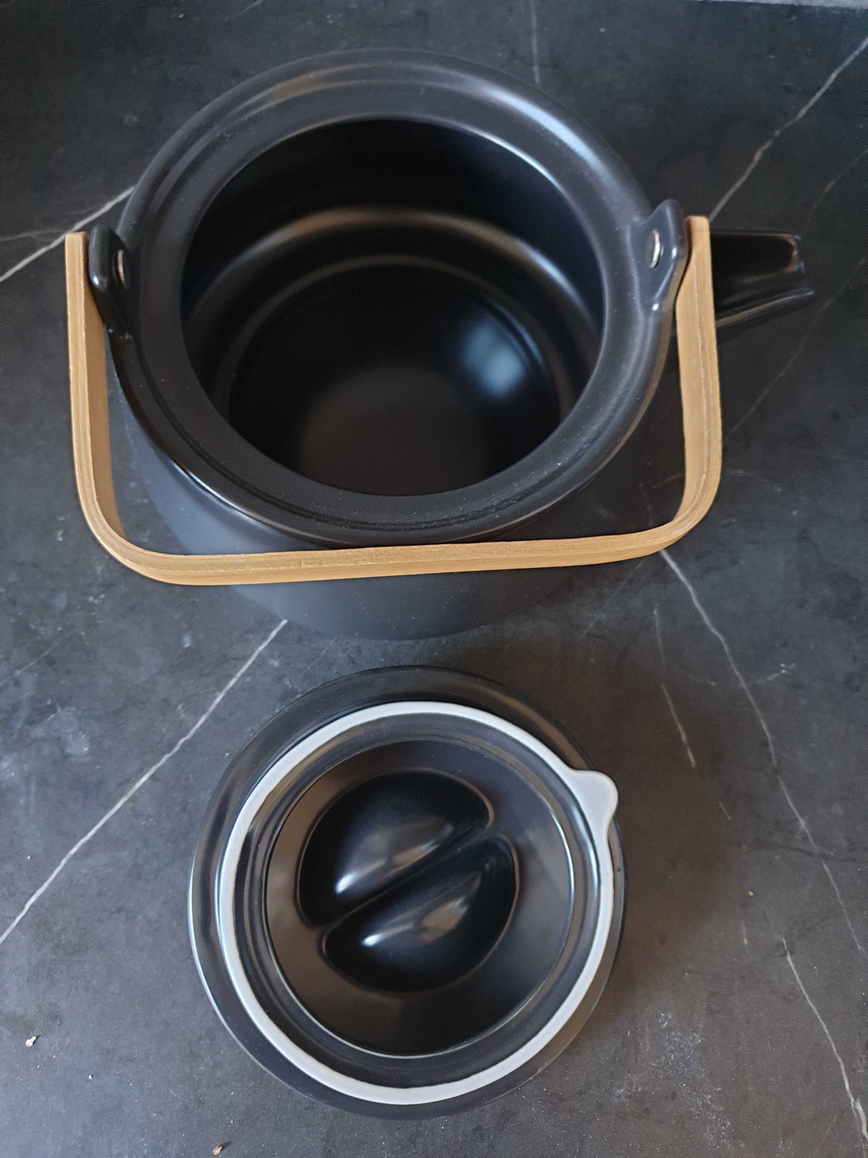 Nowe Duka czarny porcelanowy dzbanek do herbaty z bambusowych uchwytem