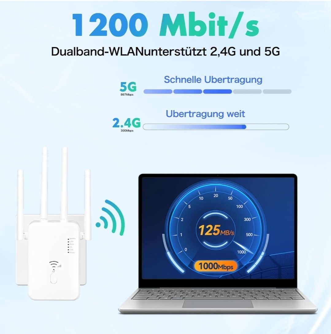 Wzmacniacz sygnału Wi-Fi 1200 Mbit/s z portem LAN/WAN 5GHz/2,4GHz