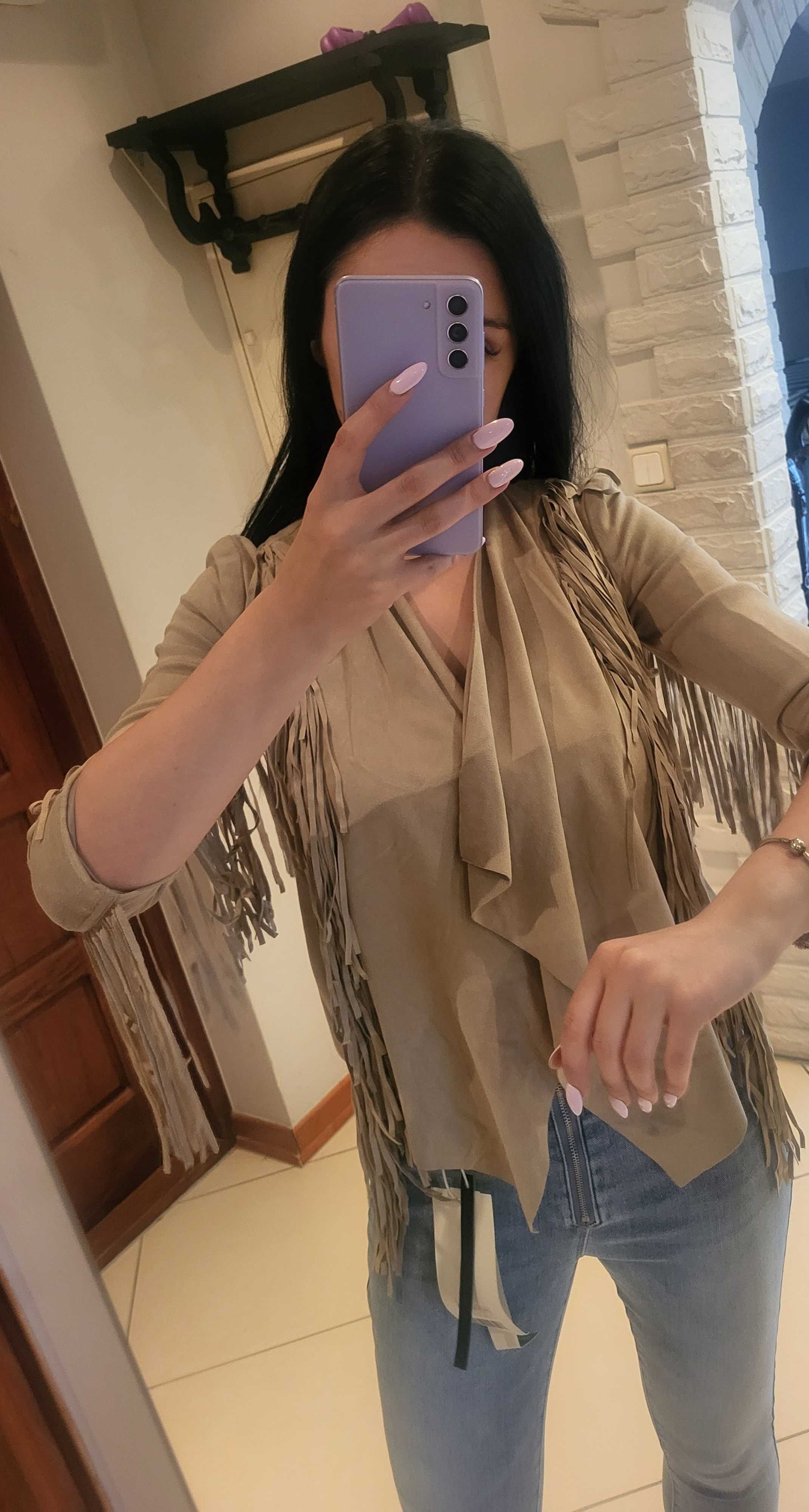 Narzutka Bershka frędzle boho 34 xs zamsz