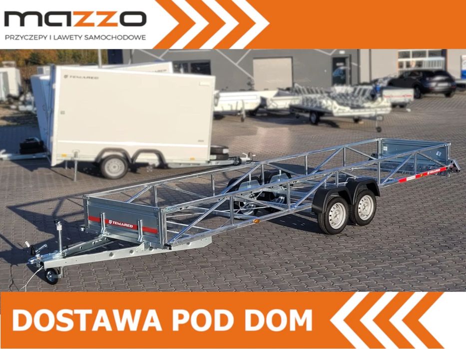 TEMARED DOSTAWA Przyczepa dłużycowa 606x122x40cm DMC 750kg na kategorię B  Przyczepa do przewozu długich elementów. Dłużyca RAMOWA