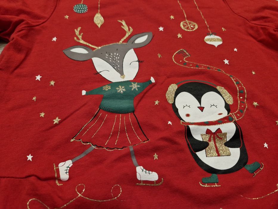 2x bluzeczka bluzka długi rękaw Święta Christmas czerwona r.134 zestaw