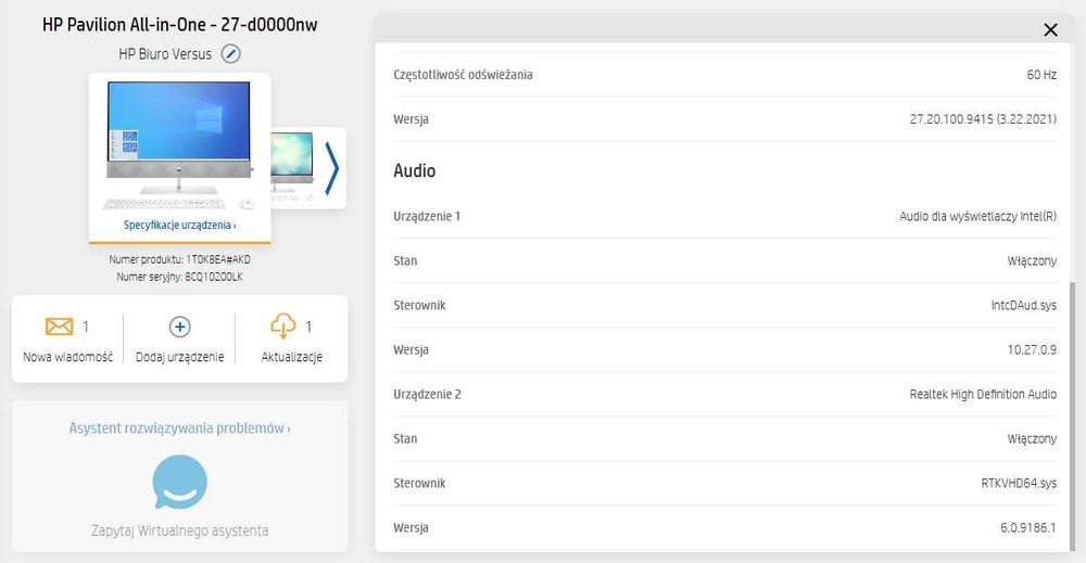 All-in-One HP Pavilion 27 i5/8GB/512GB SSD Win11 Biały