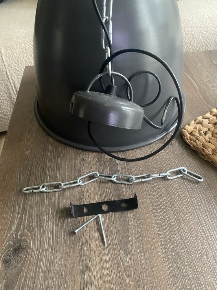 Industrialna lampa wisząca, szare żelazo i drewno, 35 cm, E27