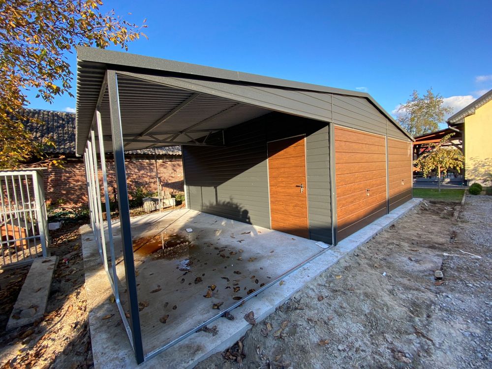 Garaż blaszany 6x6 plus wiata 3x6, grafit mat, antracyt, producent.