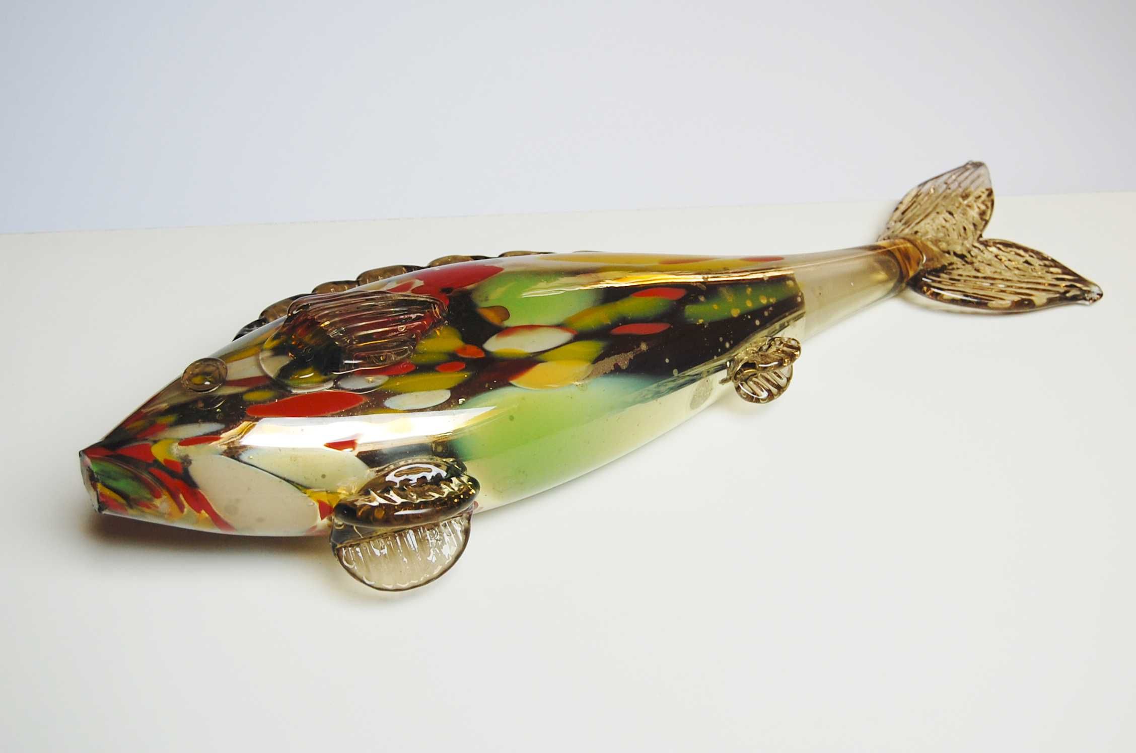 Ryba szklana figura 43 cm, szkło millefiori, PRL, vintage design