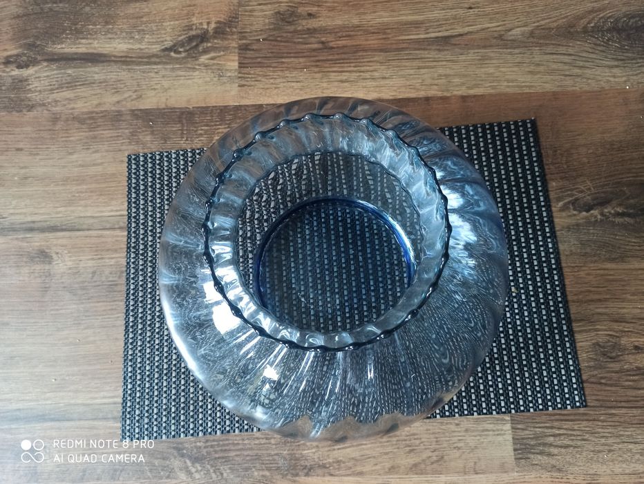 Duży, gruby, okrągły, pękaty wazon, błękitny, jak PRL