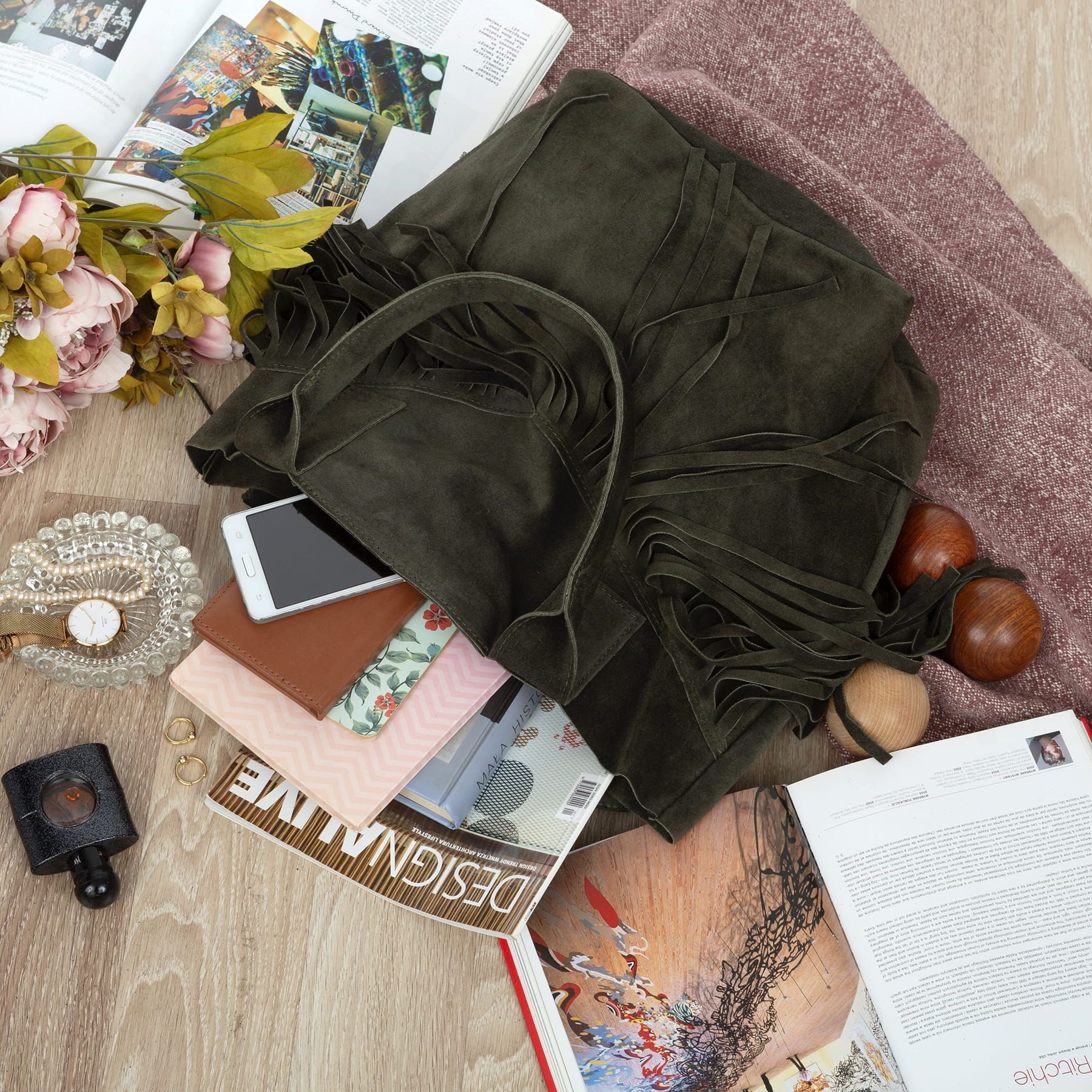 VERA PELLE torebka zamszowa shopper boho z frędzlami V650 khaki