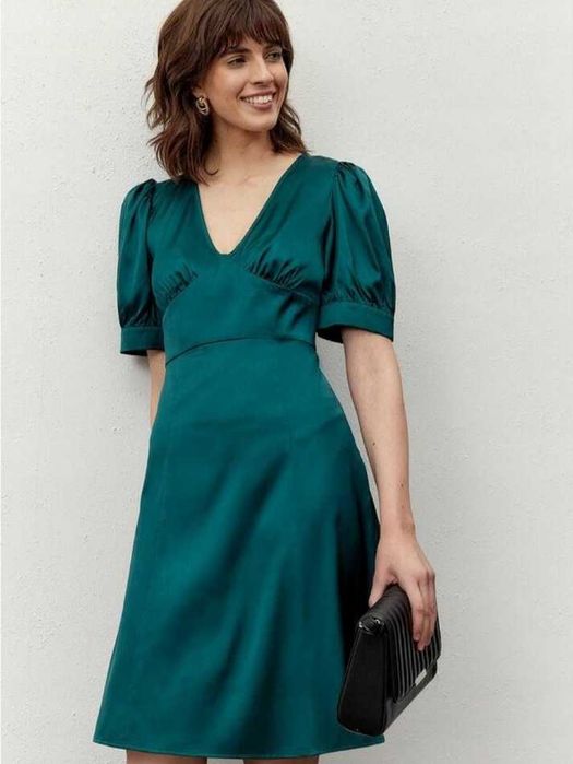 Nowa sukienka satynowa elegancka butelkowa zieleń 44 święta andrzejki