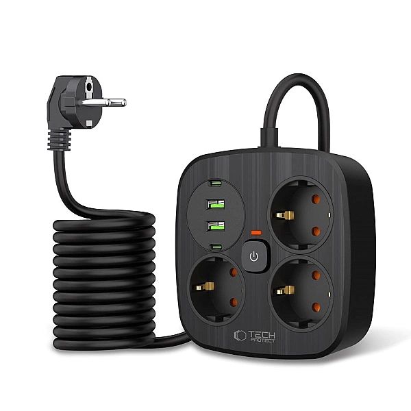 Tech-Protect Pcs3X4 Power Strip 2 Usb & 2 Type-C & 3 Socket 200Cm Blac