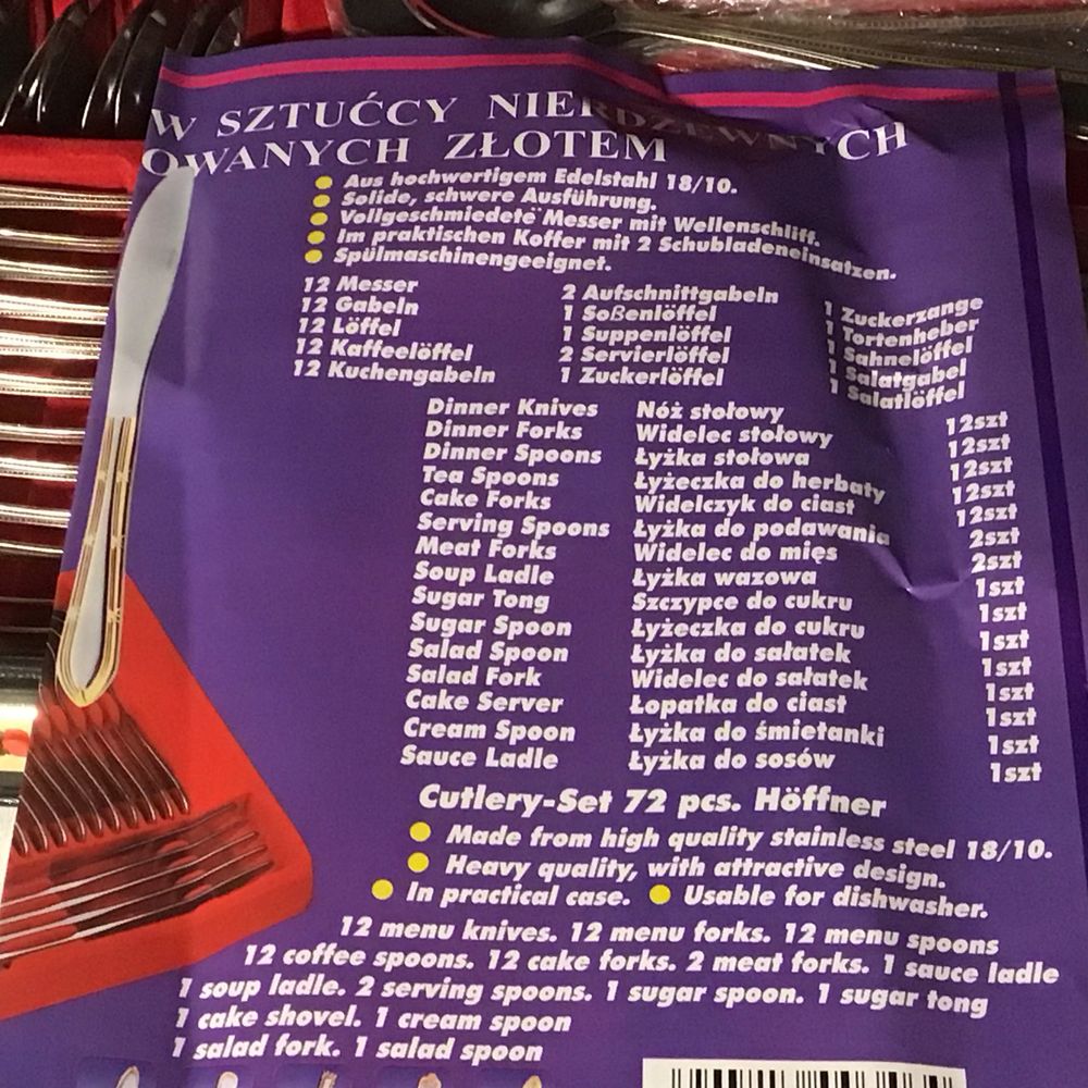 Sztućce hoffner Nowe  dekorowane złotem walizka 72 el.