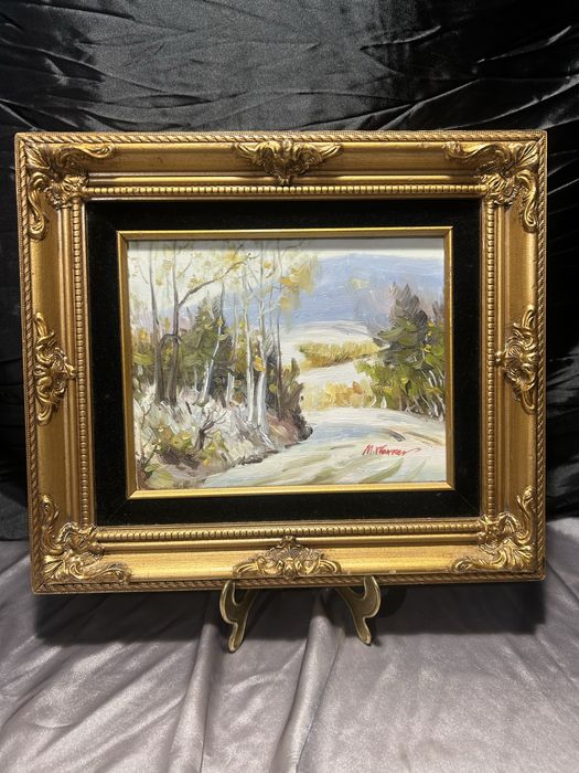 Obraz olejny – pejzaż – M. Normer – złocona rama – 39 × 34 cm