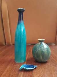 2 jarras decorativas azul turquesa + 1 incensário em forma de folha