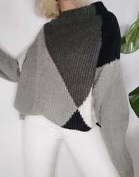 Patchworkowy sweter oversize moher wełna Fransa