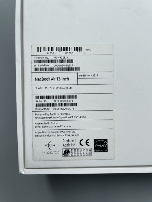 Ноутбук Apple MacBook Air 13 M1, 8gb memory, 256gb ssd