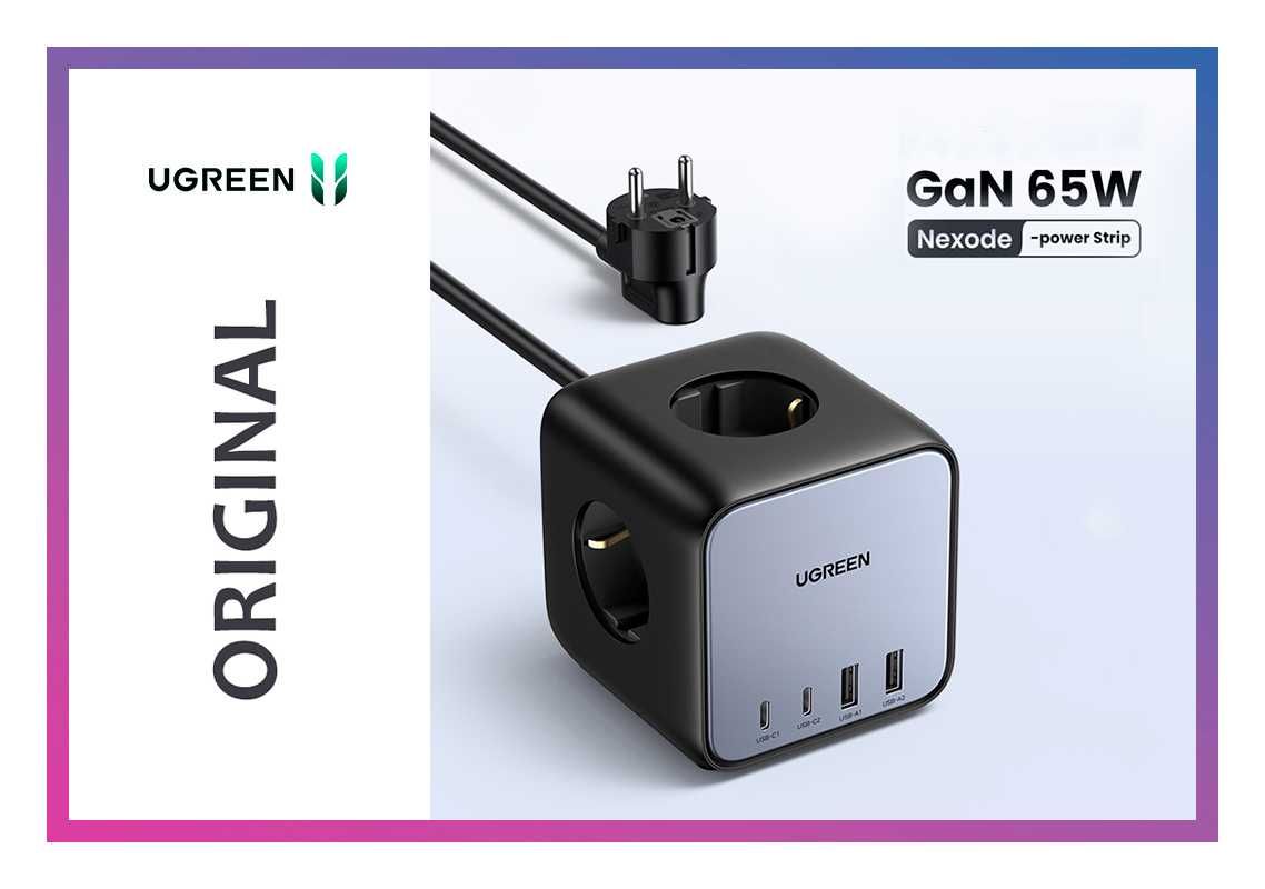 МЗП блок живлення для швидкої зарядки 2USB+2Type-C+3AC 65W GaN UGREEN