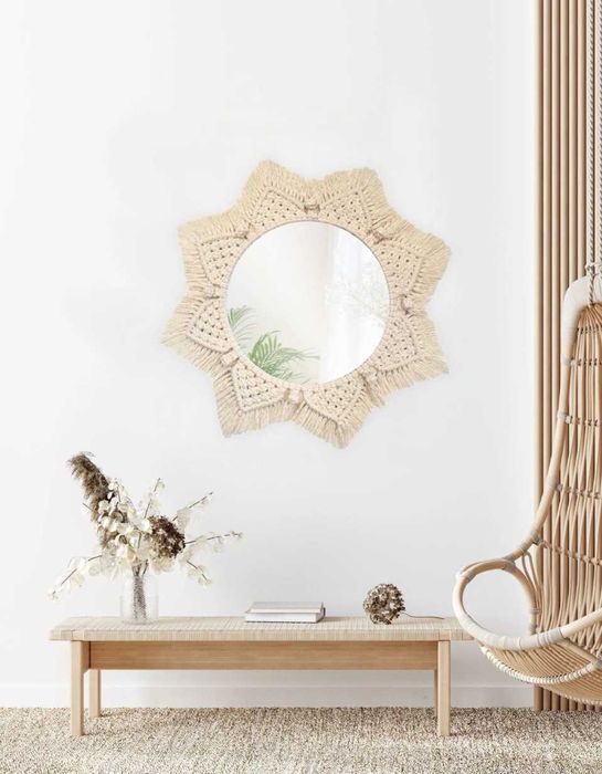 Nowe lustro ścienne boho okrągłe 53 cm makrama beż naturalne