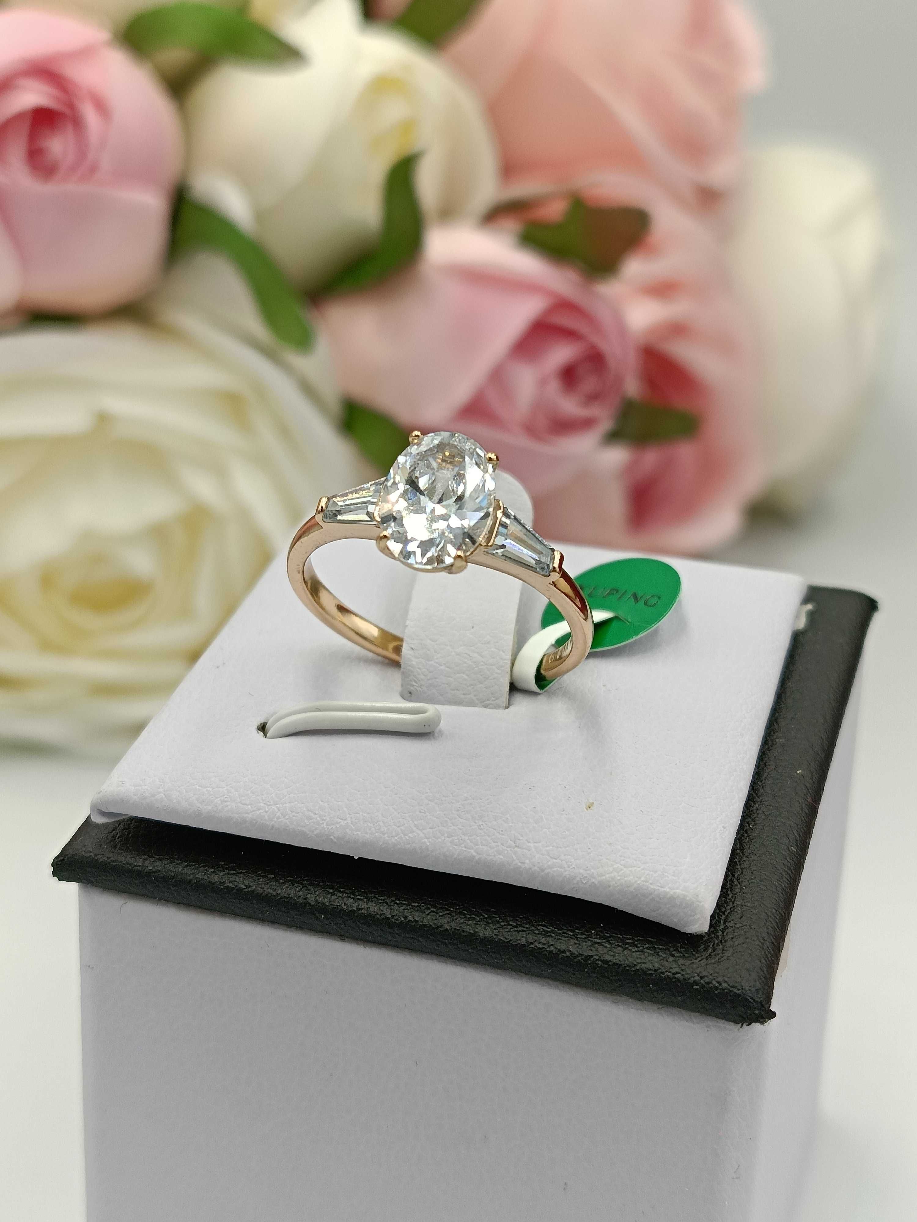 Pierścionek pozłacany 18k złotem duży brylant z diamentem 7,8,9,10
