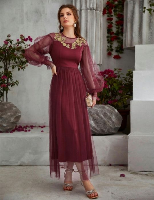 Elegancka sukienka długa bordowa tiul róże wesele L