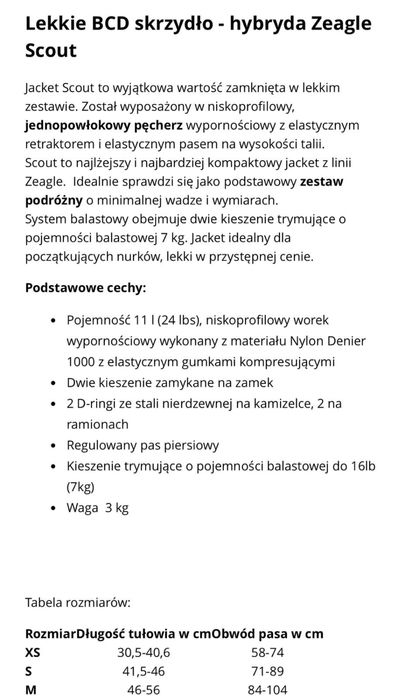 Lekkie BCD skrzydło - hybryda Zeagle rozmiar M