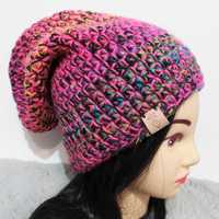 Długa czapka z podszewką smerfetka beanie handmade na szydełku