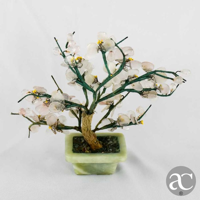Vaso bonsai flores de amendoeira China, feito em pedra, quartzo e jade