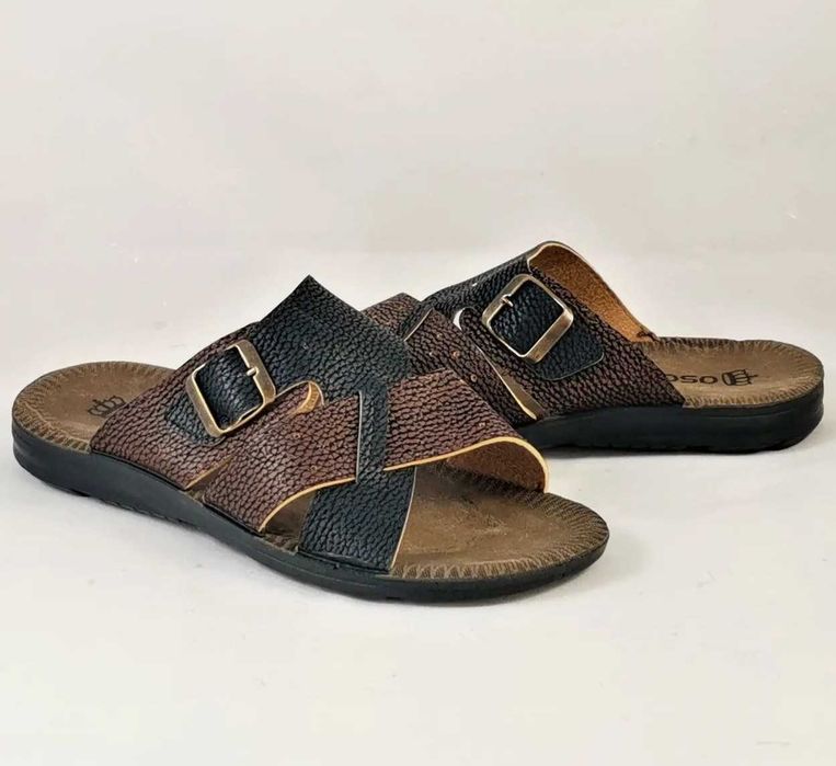 Мужские Тапочки Шлёпанцы Сланцы Чёрные с Коричневым Кожаные