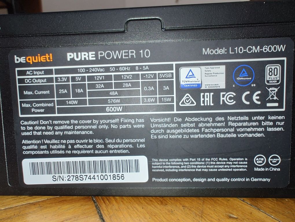 Zasilacz Be quiet pure power 10 600W Plus Silver