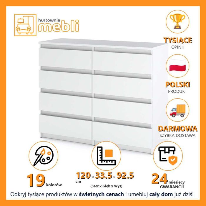 Komoda Do Salonu i Sypialni Hugo 120cm Nowoczesna Szafka 8 Szuflad