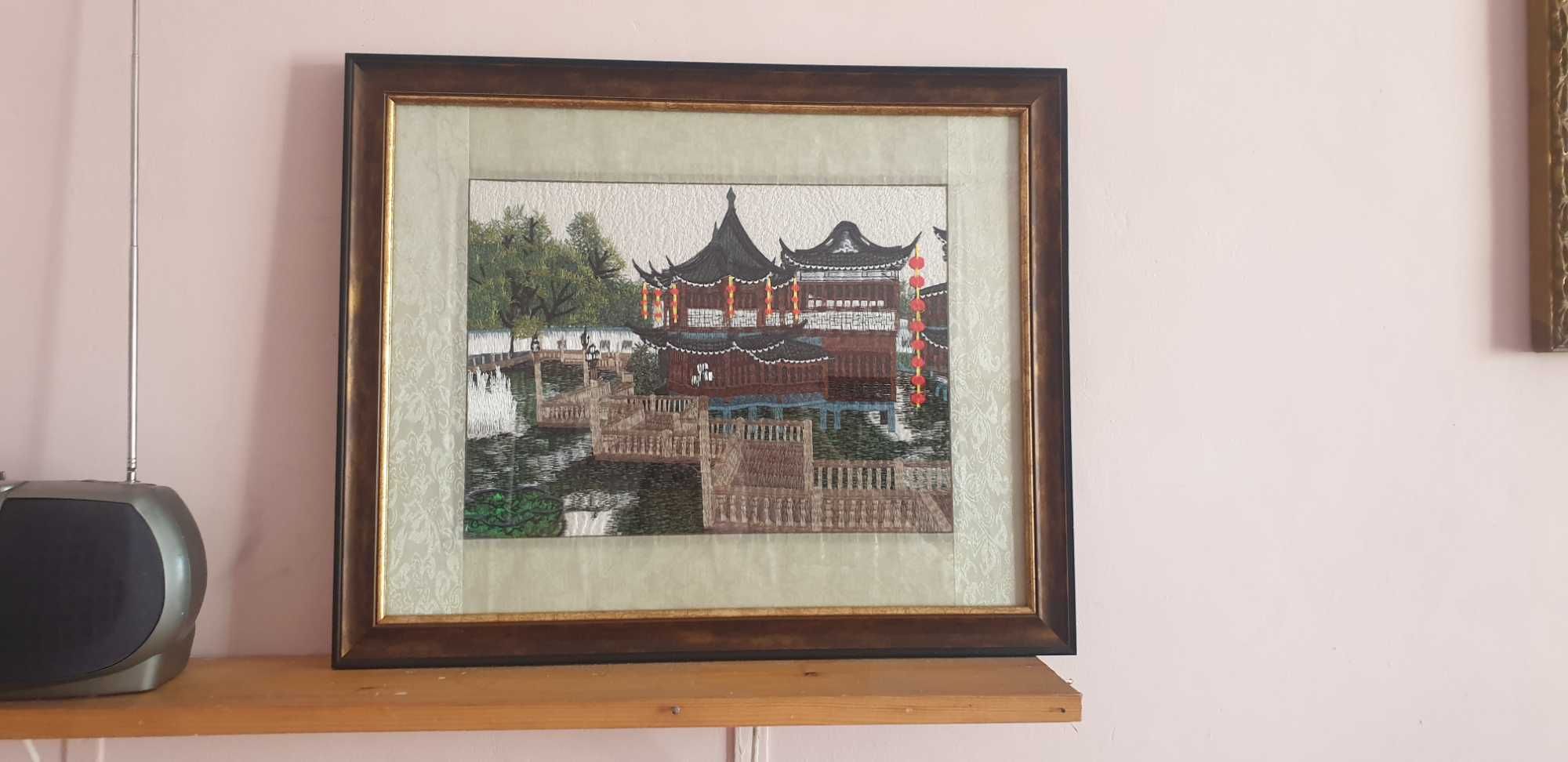 chińska architektura, obraz wyszywany na tkaninie