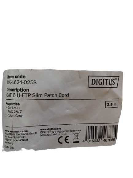 Kabel krosowy DIGITUS CAT 6 U-FTP Slim Patch Cord RJ45, dł. 2,5m szary