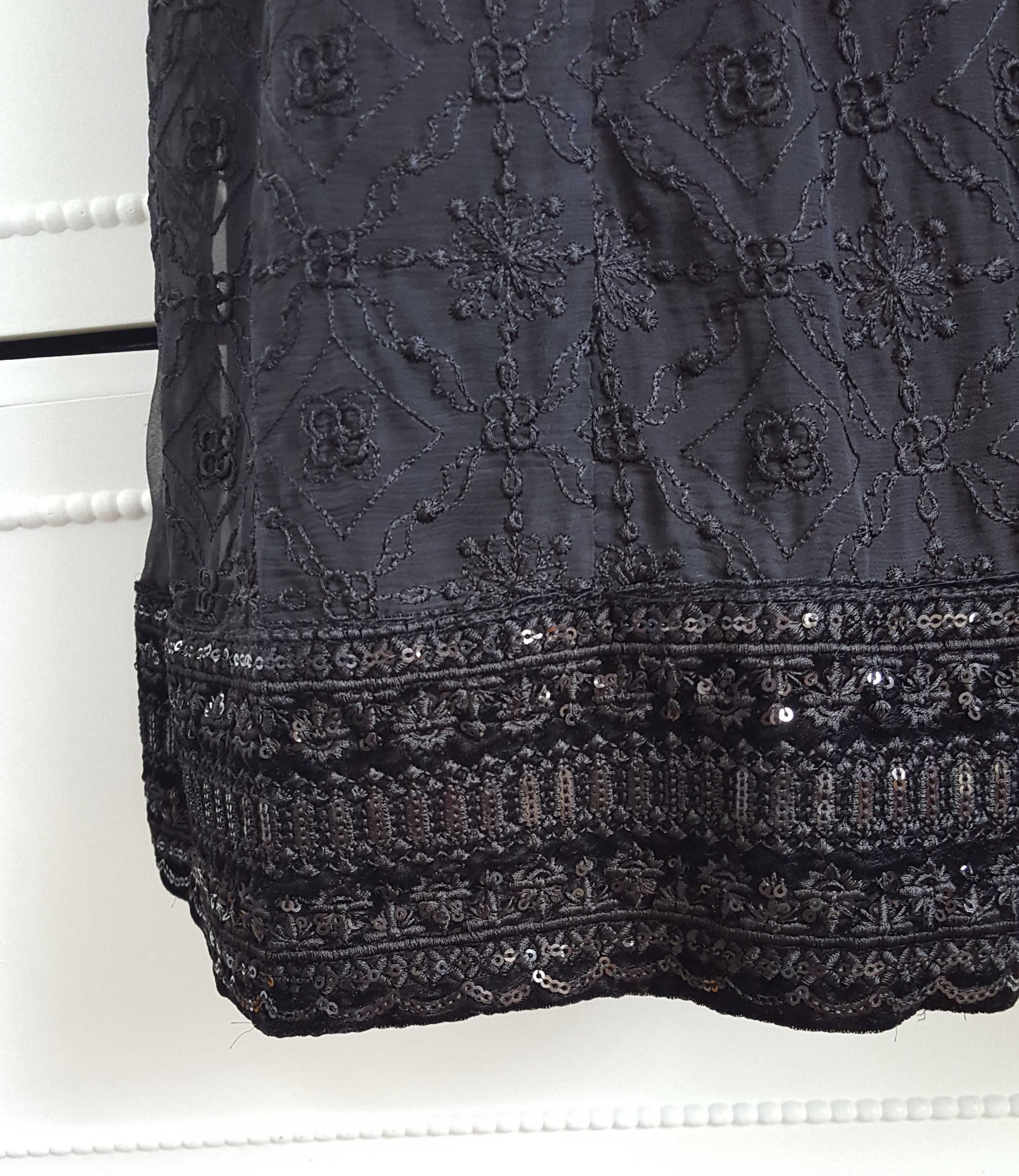 Nowa czarna suknia S 36 M 38 szyfon haft maxi szal spodnie jedwab