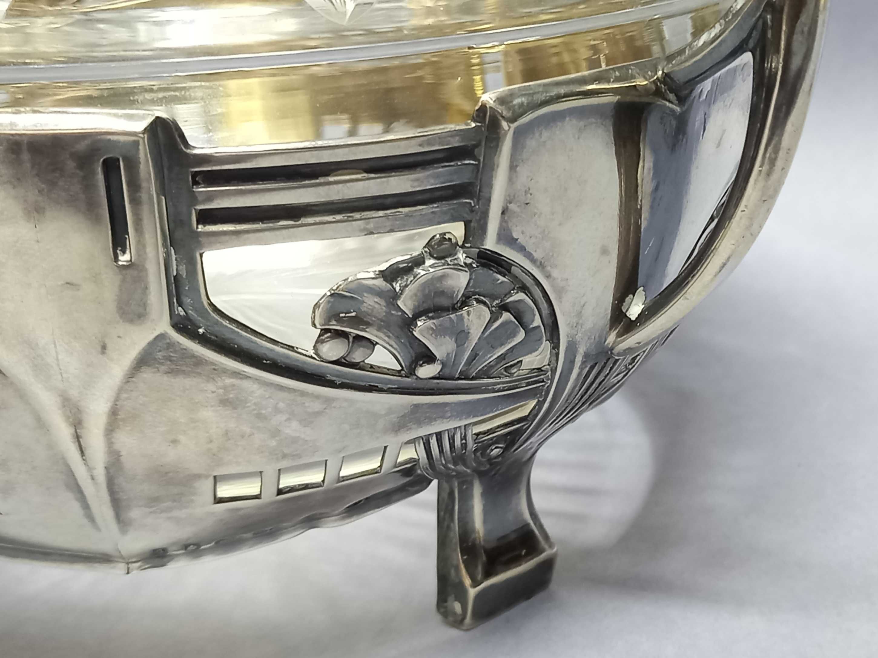 Srebrny koszyczek ze szkłem, XIX w. Niemcy, srebro 925, secesja