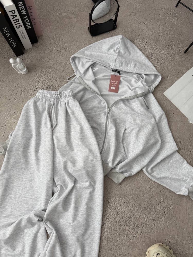 Жіночий костюм штани і худі кофтазіпка сірий Oversize 42-46 двохнитка
