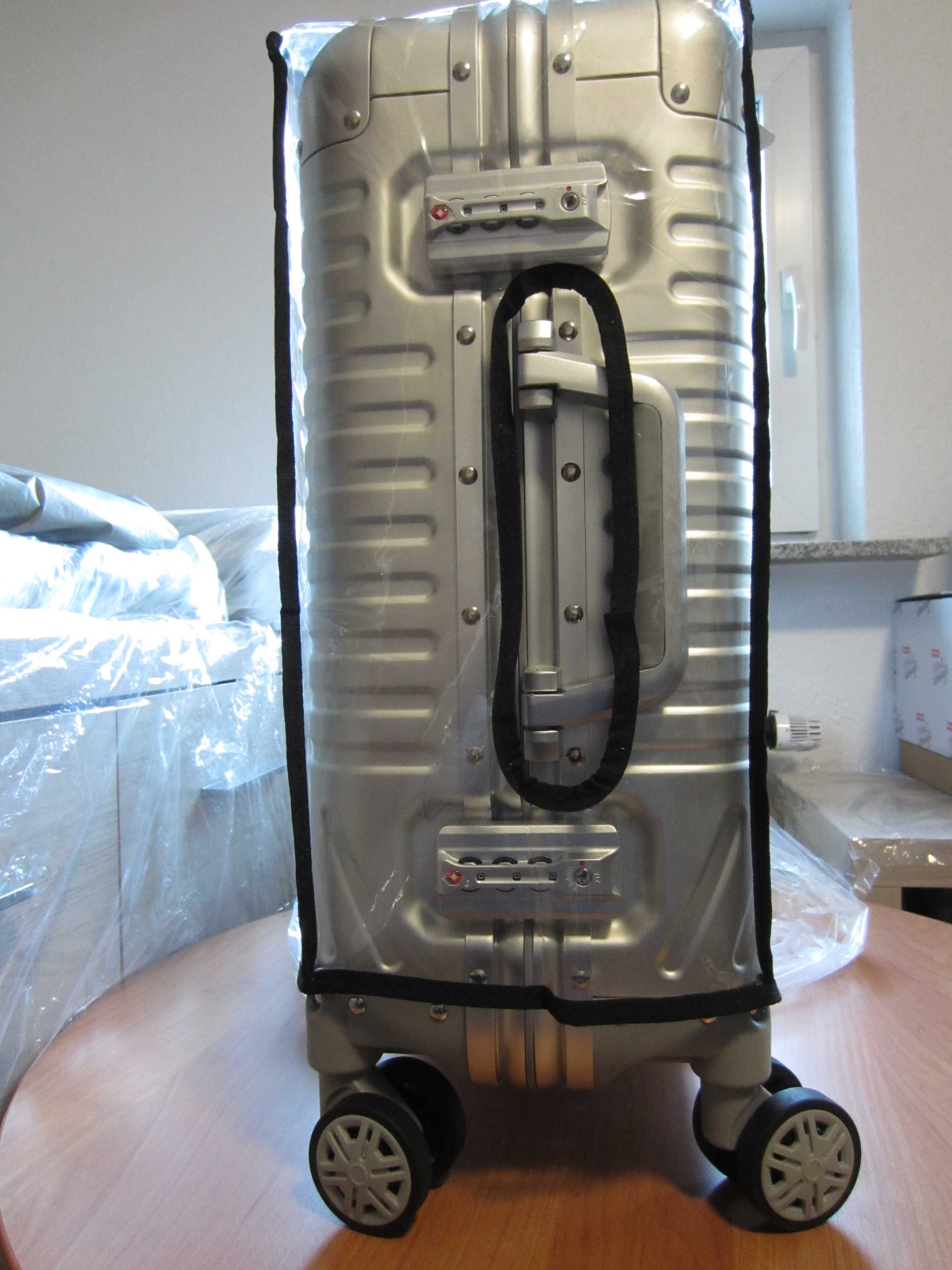 Nowa walizka podróżna mała kabinowa aluminiowa srebrna, premium, 32 l