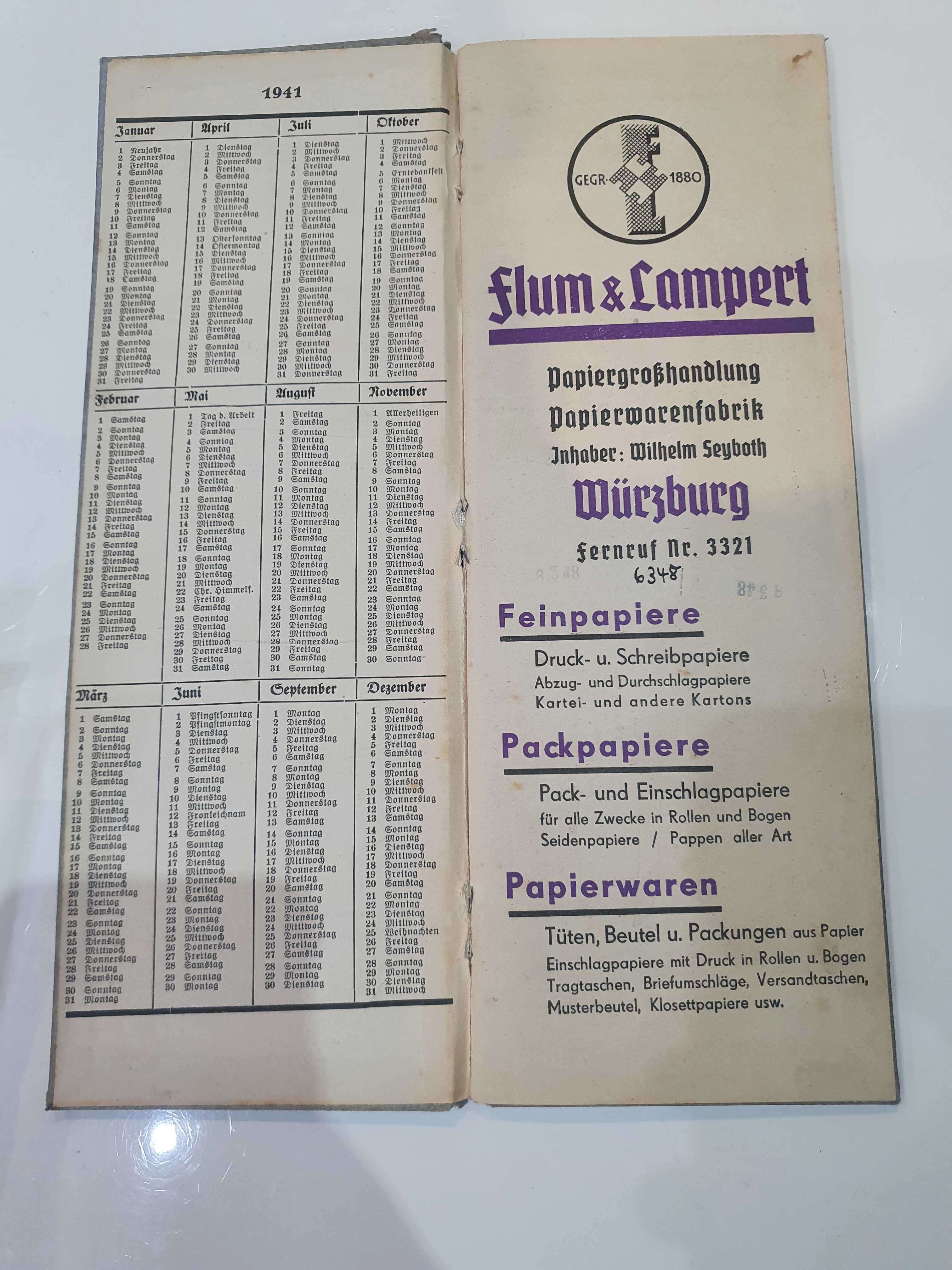 Oryginalny Niemiecki Kalendarz książkowy z 1941 roku