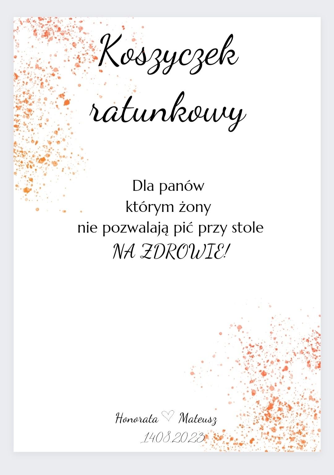 Koszyczek ratunkowy śmieszny napis na wesele ślub przyjęcie wzór pdf