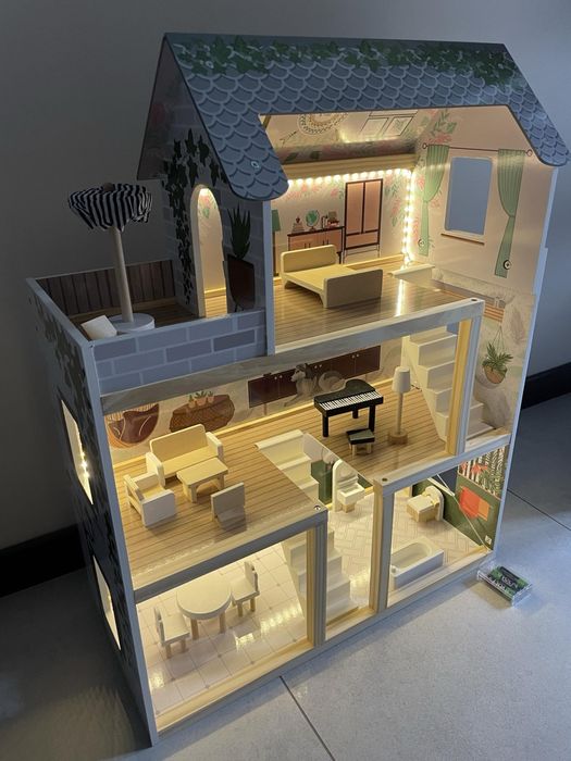 Domek dla lalek drewniany + mebelki 78cm oświetlenie LED FLORO boho