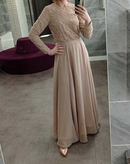 Sukienka suknia wieczorowa 36 S tiulowa zdobiona Asos długa maxi rękaw