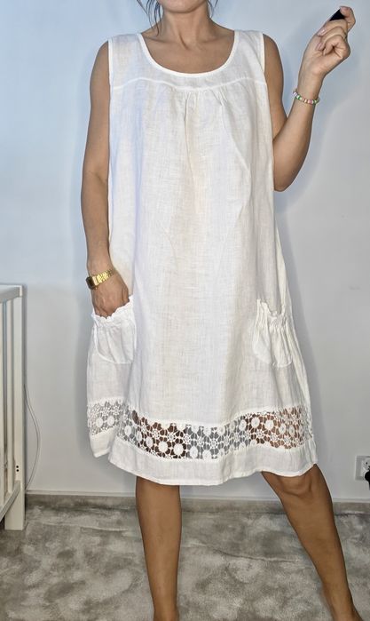 Sukienka lniana len letnia MIDI kobieca wakacyjna kieszenie pure