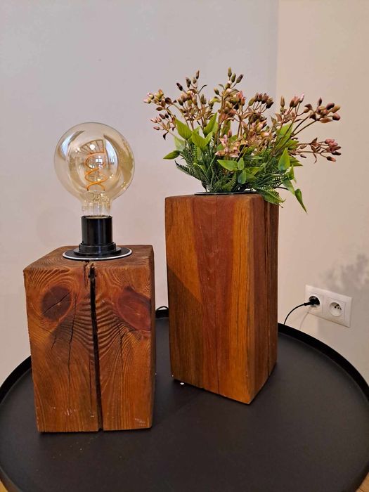 Zestaw lampa i wazon drewno loft