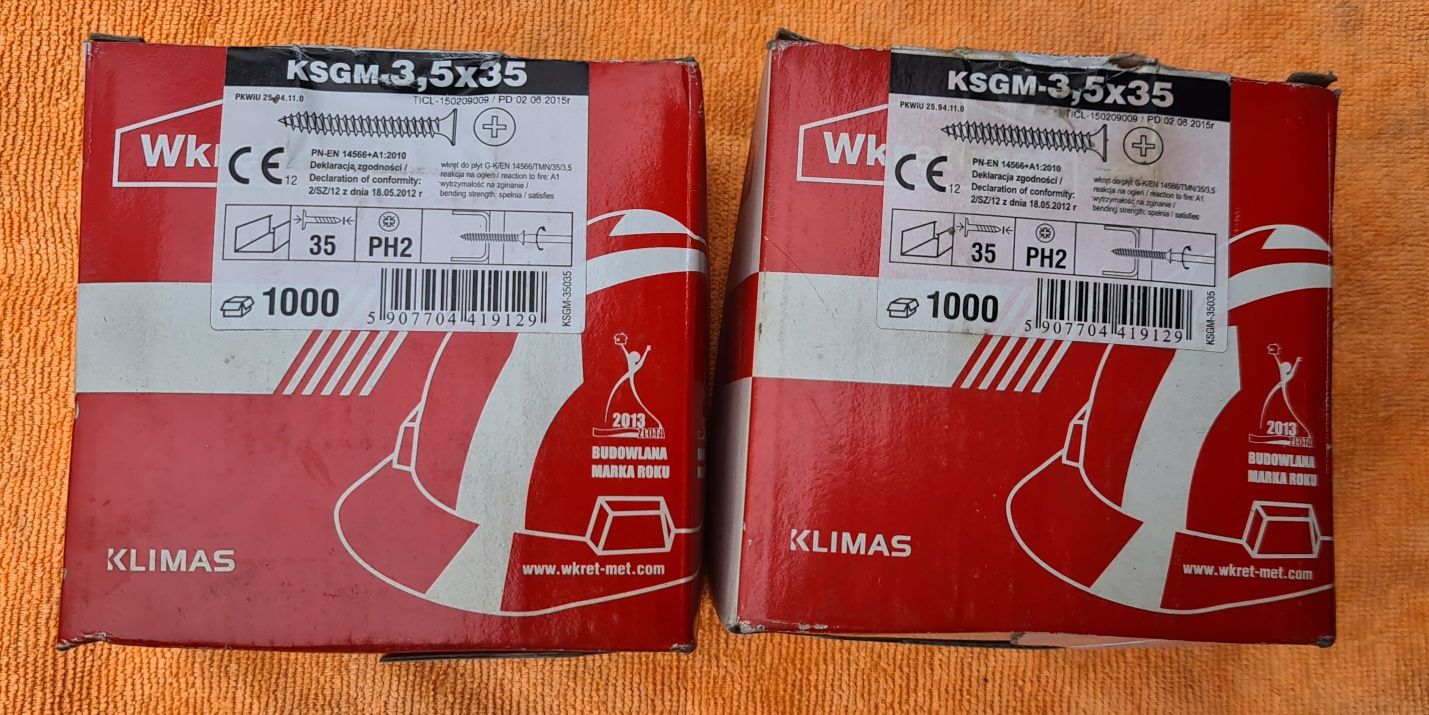 WKRĘTY DO PŁYT GK 3,5x35 z gwintem do metalu 2 x 1000szt