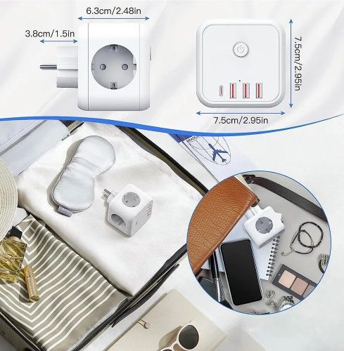 Безопасный тройник 3 гнезда, 220V, 3 USB-A / 1 Type-C, c заземлением